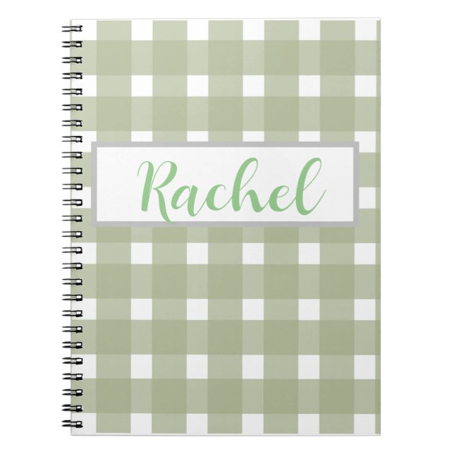 Sage Green White Gingham Personalisiert Notizblock (Vorderseite)