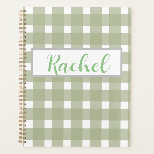 Sage Green White Gingham Personalisiert Planer (Vorderseite)