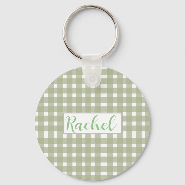 Sage Green White Gingham Personalisiert Schlüsselanhänger (Vorderseite)