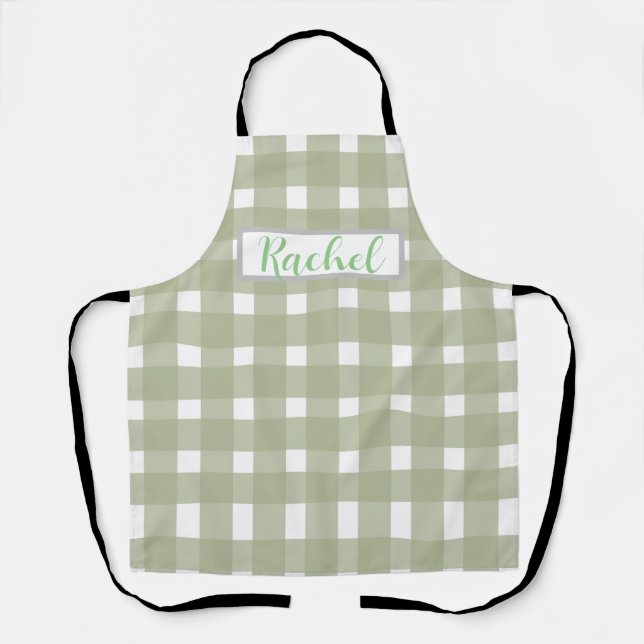Sage Green White Gingham Personalisiert Schürze (Vorderseite)