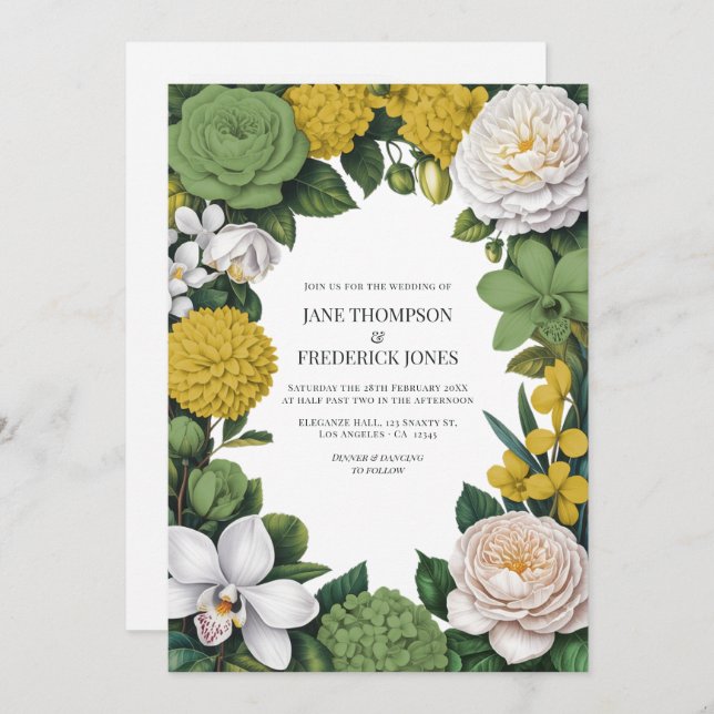 Sage Green, White & Gold Floral Wedding Einladung (Vorne/Hinten)