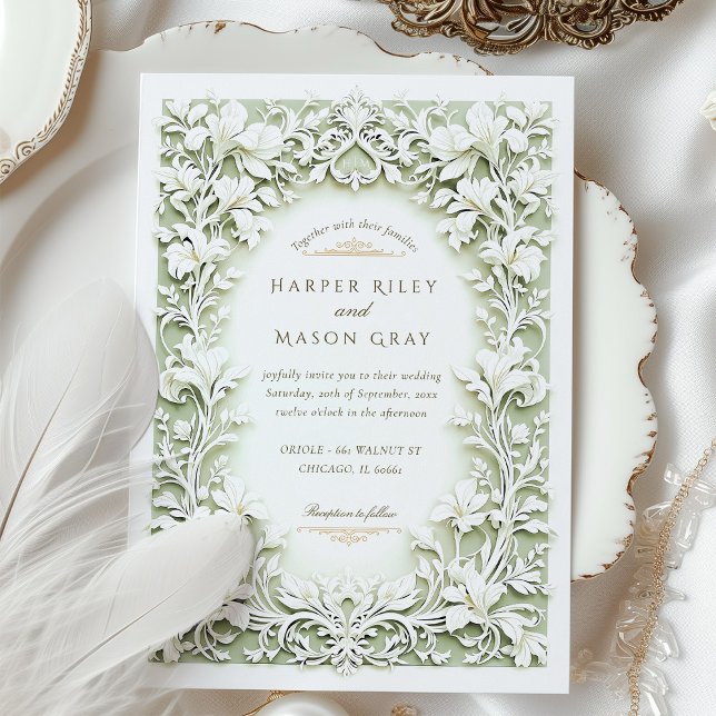 Sage Green White Iris Wedding Imitats Embossed Des Einladung (Von Creator hochgeladen)