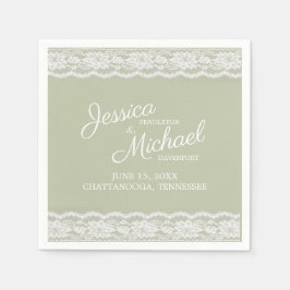Sage Green White Lace Wedding Names Date Serviette
