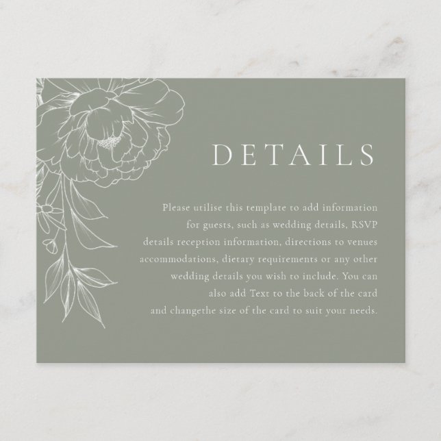 Sage Green White Line Art Floral Wedding Details Begleitkarte (Vorderseite)