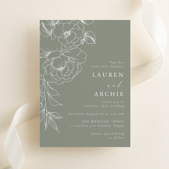 Sage Green White Line Art Floral Wedding Einladung (Von Creator hochgeladen)