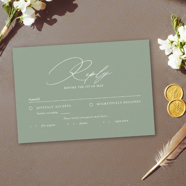 Sage Green White Modern Calligraphy Meal Wedding RSVP Karte (sage green wedding rsvl meal elegant modern calligraphy white simple contemporary stylish)