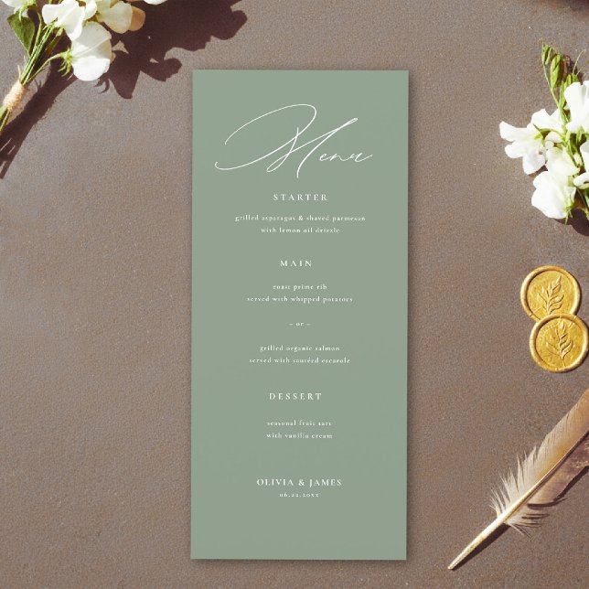 Sage Green White Modern Calligraphy Wedding Menükarte (sage green wedding menu elegant modern calligraphy white simple contemporary stylish)