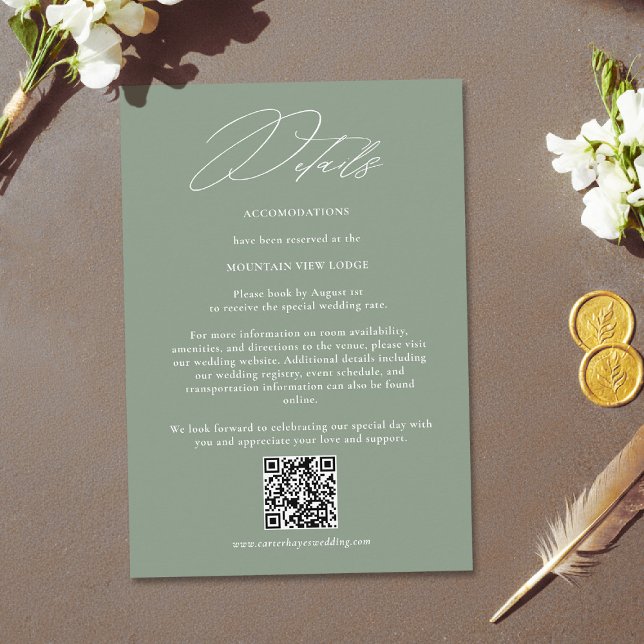 Sage Green White Modern QR Code Wedding Details Begleitkarte (sage green wedding details elegant modern calligraphy white simple contemporary stylish)
