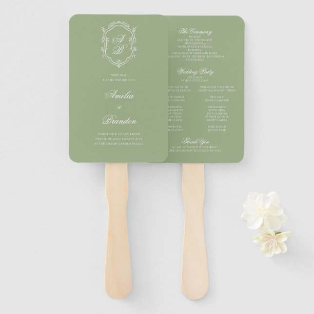 Sage Green & White Monogram Crest Wedding Program Fächer (Vorne und Hinten)