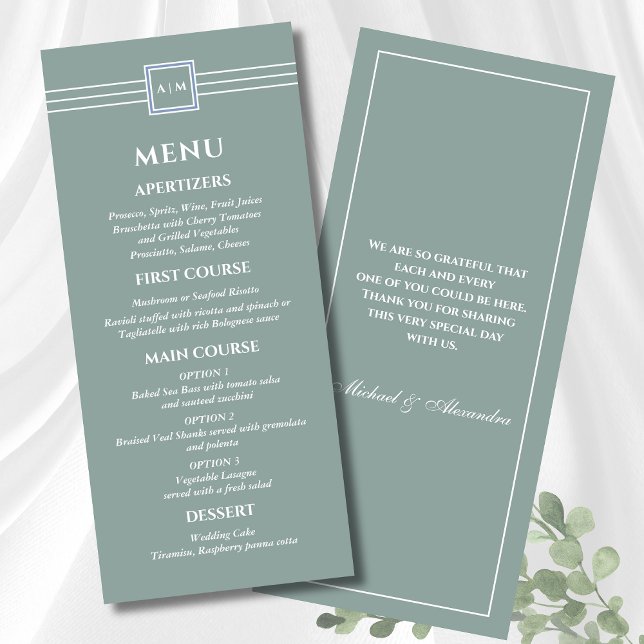 Sage Green White Monogram Modern Wedding Menu Menükarte (Von Creator hochgeladen)