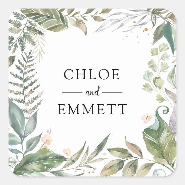 Sage Green White Pink Botanical Wedding Quadratischer Aufkleber (Vorderseite)