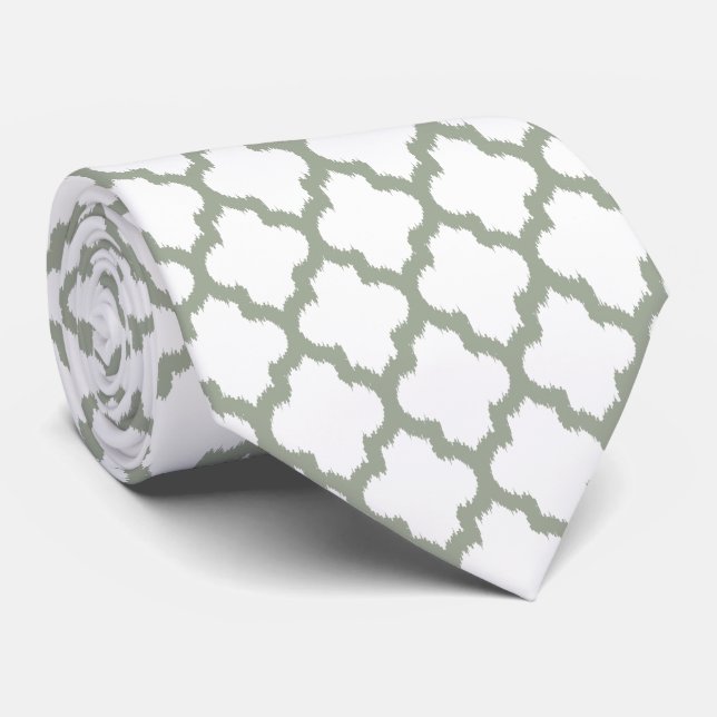Sage-green & White Quatrefoil Modernes Muster Krawatte (Gerollt)
