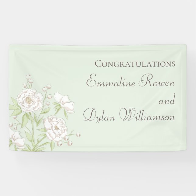 Sage Green White Rose Wedding Banner (Horizontal)