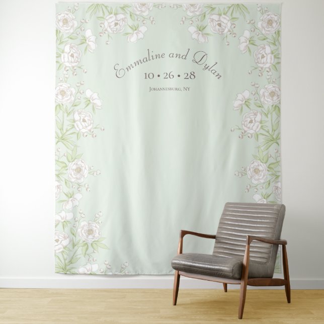Sage Green White Rose Wedding Photo Backdrop Wandteppich (Beispiel)