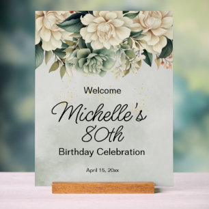 Sage Green White Roses 80. Geburtstag Acrylschild