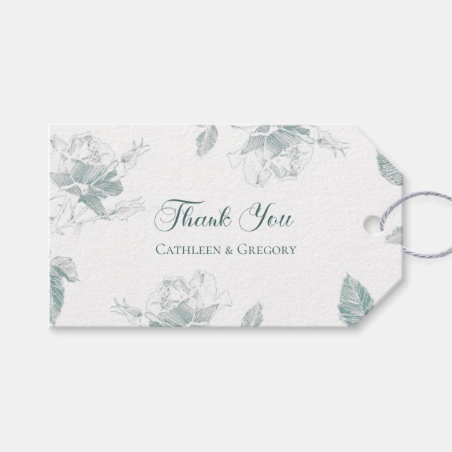 Sage Green White Roses Floral Thank You Wedding Geschenkanhänger (Vorderseite (Horizontal))