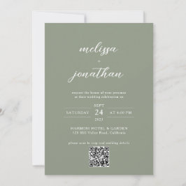 Sage Green & White Script Foto QR Code Hochzeit Einladung