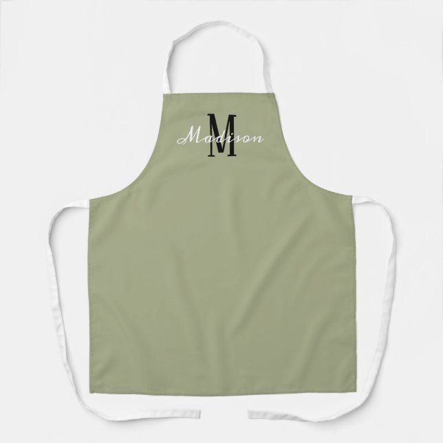 Sage Green White Script Monogram Personalisiert Schürze (Vorderseite)