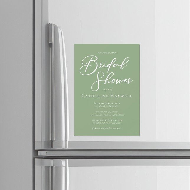 Sage Green White Typography Bridal Shower Magneteinladung (Von Creator hochgeladen)