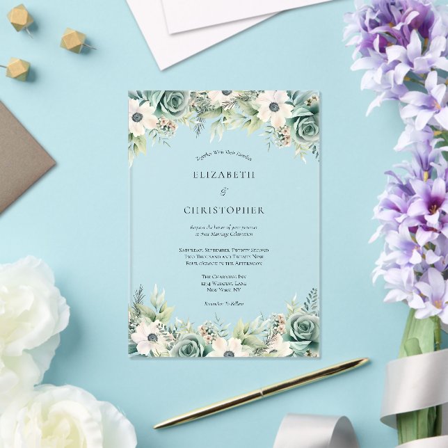 Sage Green White Watercolor Floral Wedding Acryleinladungen (In Situ (Hochzeit))