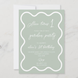 Sage green white wavy border 1. Geburtstag Party Einladung