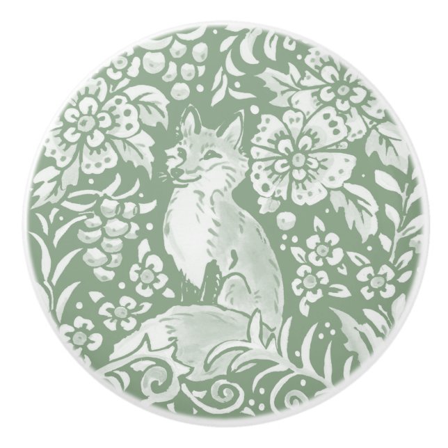 Sage Green White Woodland Animal Fox Muster   Keramikknauf (Vorderseite)