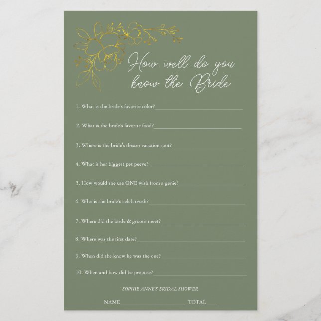 Sage Green Who Knows The Bride Shower Game (Vorderseite)