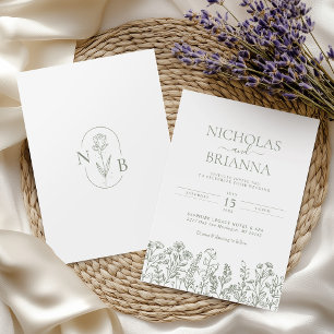 Sage Green Wildblume Boho Wedding Monogram Einladung