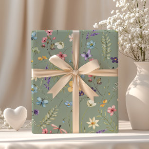Sage Green Wildblume & Butterfly Boho Summer Geschenkpapier