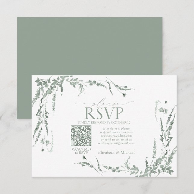 Sage Green Wildblume Calligraphy QR-Code UAWG RSVP Karte (Vorne/Hinten)
