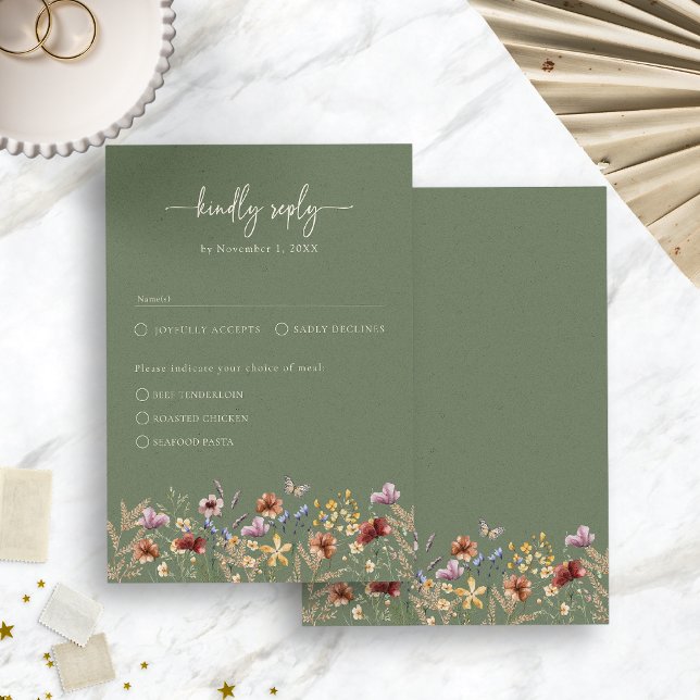 Sage Green Wildblume Elegante Boho RSVP Card Karte (Sage Green Wildflower Elegant Boho RSVP Card with Butterfly by Painted Paperier
)