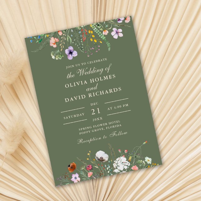 Sage Green Wildblume Meadow Custom Foto Wedding Einladung (Sage Green Watercolor Wildflower Meadow Wedding Invitation on dry palm leaf.)