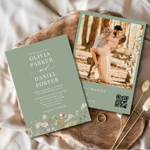 Sage Green Wildblume QR Code Foto Boho Wedding Einladung