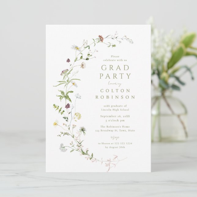 Sage Green Wildblume Rustic Boho Abschluss Einladung (Stehend Vorderseite)