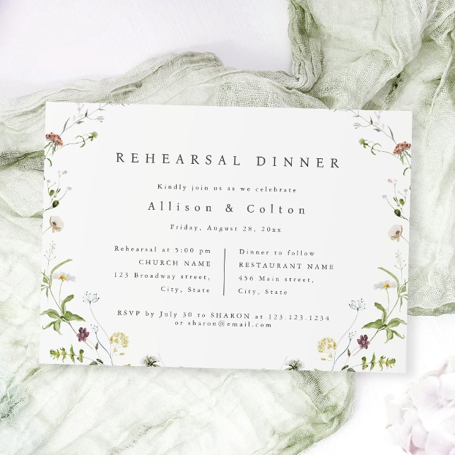 Sage Green Wildblume Rustic Boho Probe Dinner Einladung (Elegant Wildflower Rustic Boho Wedding photo Invitation)