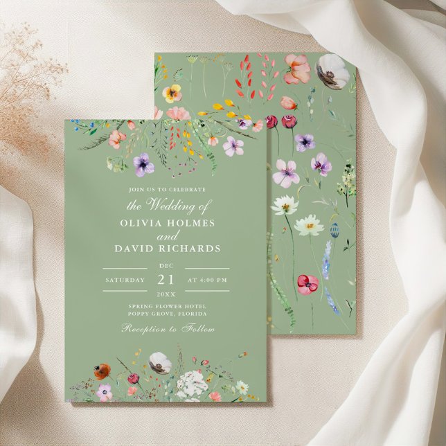 Sage Green Wildblume Wedding Einladung (Sage Green Wildflower Wedding Invitation on a silk tablecloth with botanicals)