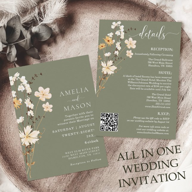Sage Green Wildblume Wedding Einladung (All in One Sage Green Boho Wildflower Wedding Invitation with QR Code)