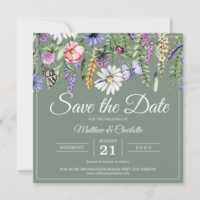Sage Green Wildblumen Boho Save The Date (Vorderseite)