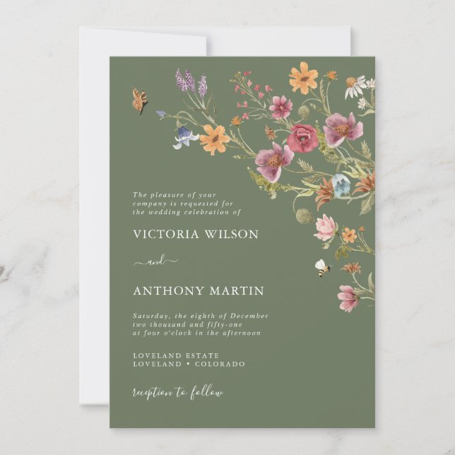Sage Green Wildblumen Hochzeitseinladung Einladung (Vorderseite)