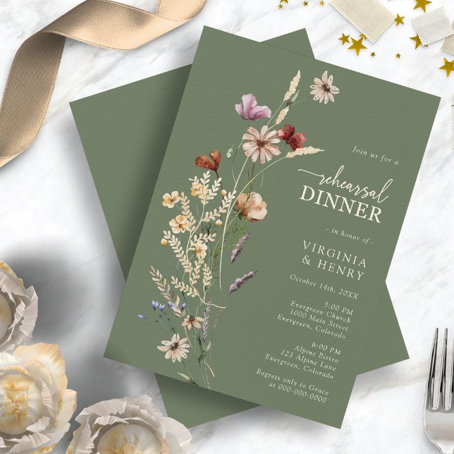 Sage Green Wildblumen Probe Dinner Einladung (Boho Sage Green Wildflowers Rehearsal Dinner Invitation by Painted Paperie
)