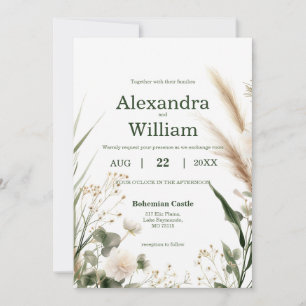 Sage Green Wildblumen und Pampas Boho Foto Einladung