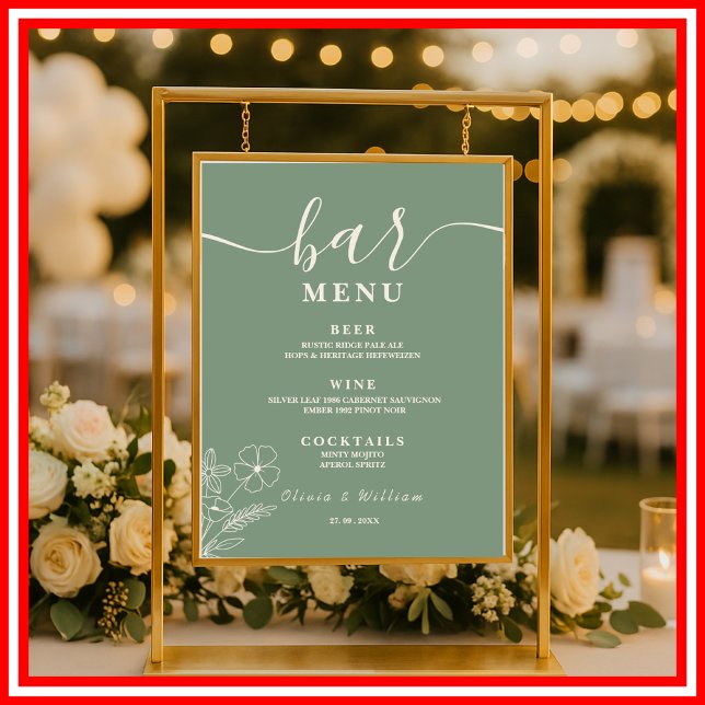 Sage Green Wildblumen Wedding Bar Menu Poster (Von Creator hochgeladen)