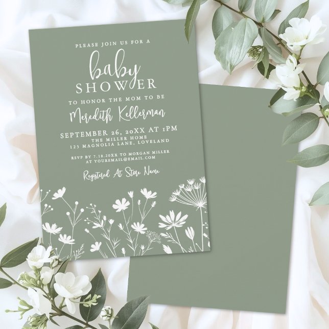Sage Green Wildflower Baby Shower Einladung (Sage Green Wildflower Baby Shower Invitation)