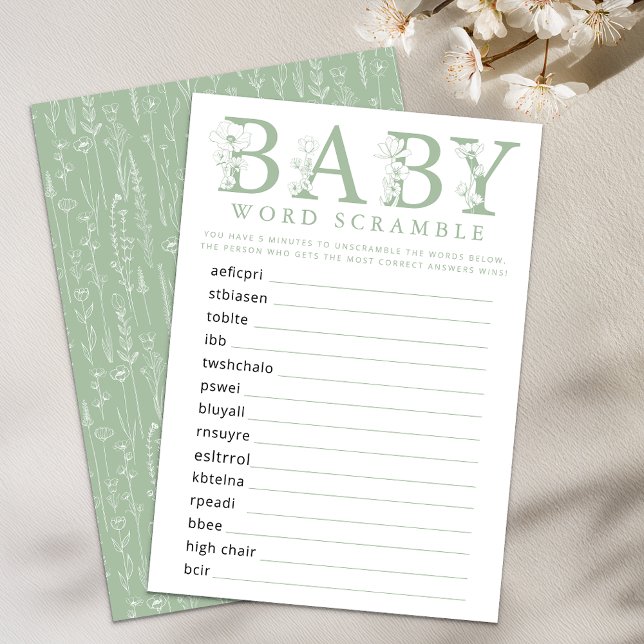 Sage Green Wildflower Baby Word Scramble Game Card Begleitkarte (Sage Green Baby Shower Game)