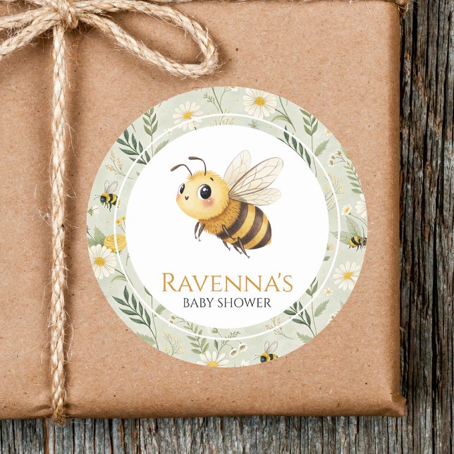 Sage Green Wildflower Bee Custom Name Baby Shower Runder Aufkleber (Von Creator hochgeladen)