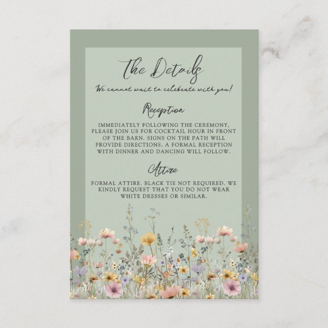 Sage Green Wildflower Floral Wedding Details Begleitkarte (Vorderseite)