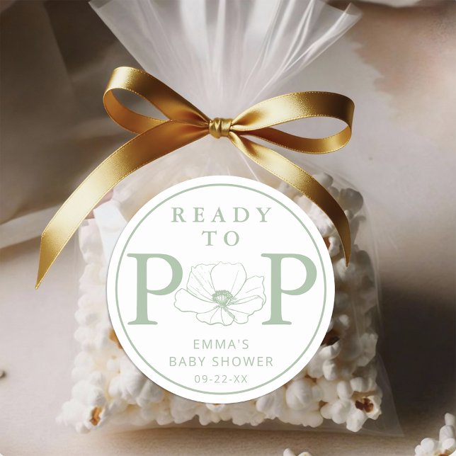 Sage Green Wildflower Ready to Pop Baby Shower  Runder Aufkleber (Ready To Pop - Sage Green Baby Shower Sticker)