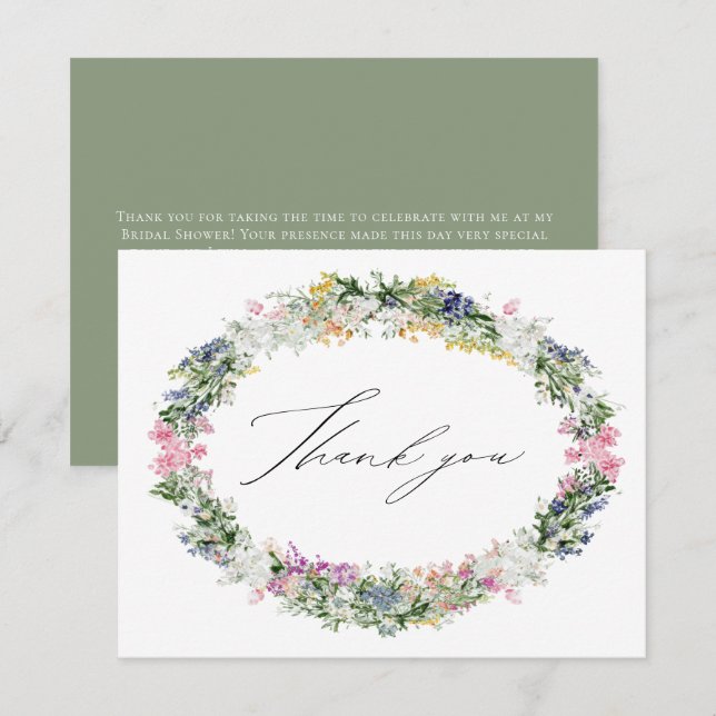 Sage Green Wildflower Wreath Wedding Bridal Shower Dankeskarte (Vorne/Hinten)