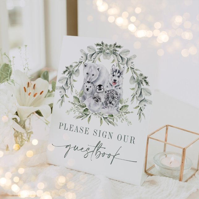 Sage Green Winter Holiday Artic Animes Gästebuch Sockelschild (Von Creator hochgeladen)