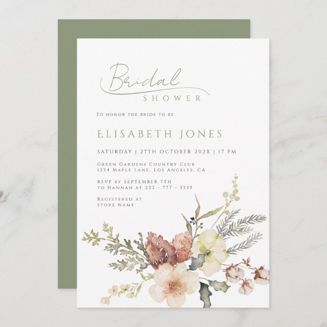 Sage Green Winter Weihnachtsgebäck Brautparty Einladung (Vorne/Hinten)